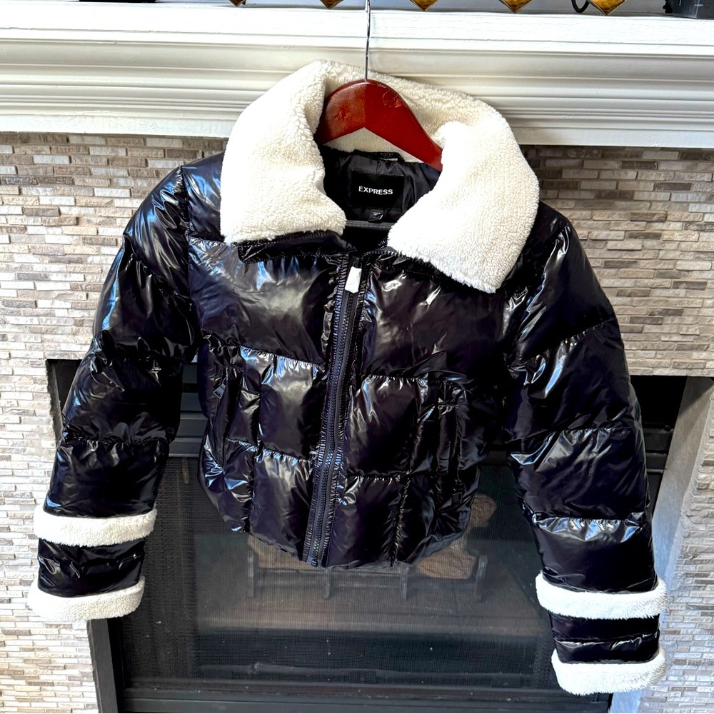 Express Shearling Trim Black and White  Puffer Jacket